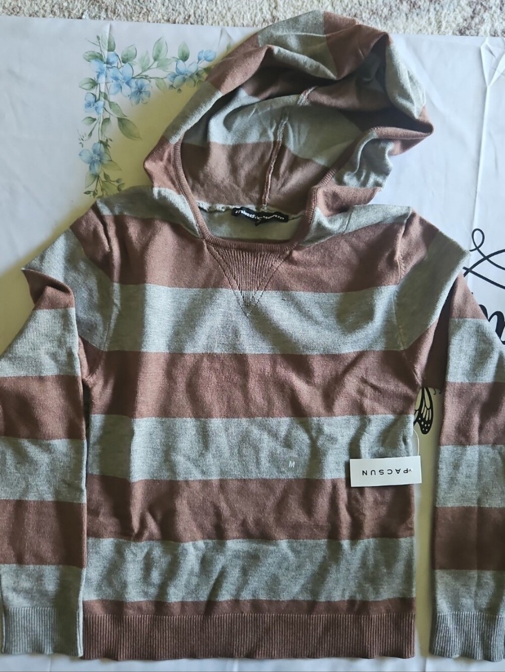 PacSun Third Charm Striped Studded Hooded Sweater Medium NWT Brown & Gray